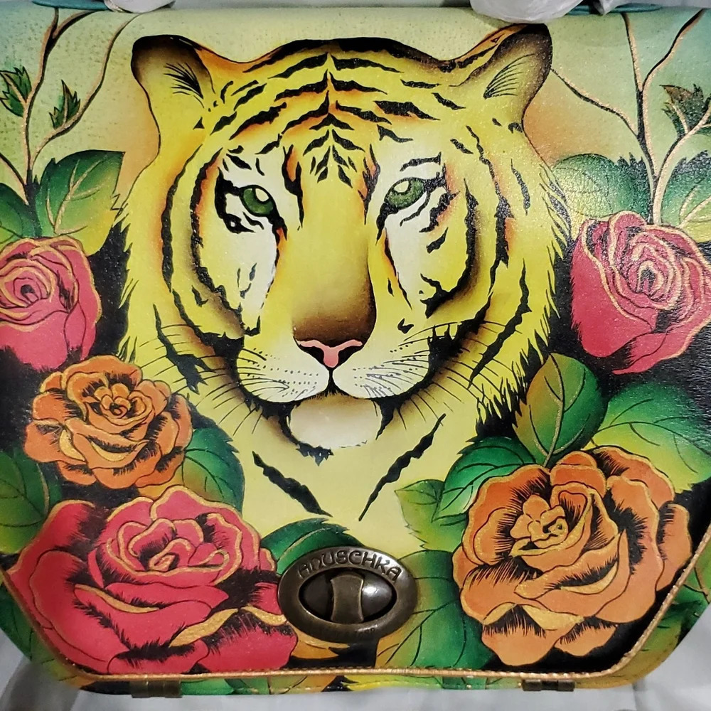 Anuschka handpainted leather convertible handbag tiger roses NWT
